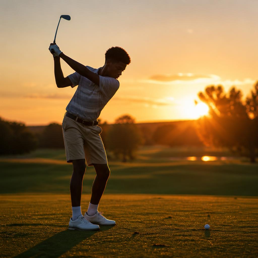 Young golfer at sunset